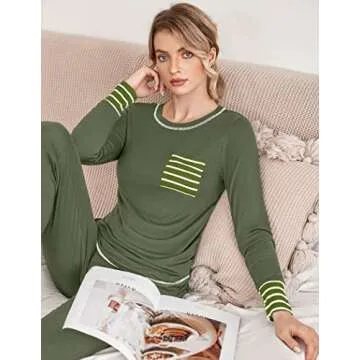 Ekouaer Pajamas Women's Long Sleeve Pj Set Soft 2 Piece Loungewear Sleepwear with Jogger Pants Army ...
