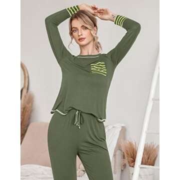 Ekouaer Pajamas Women's Long Sleeve Pj Set Soft 2 Piece Loungewear Sleepwear with Jogger Pants Army Green,L