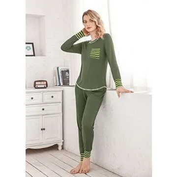 Ekouaer Pajamas Women's Long Sleeve Pj Set Soft 2 Piece Loungewear Sleepwear with Jogger Pants Army Green,L
