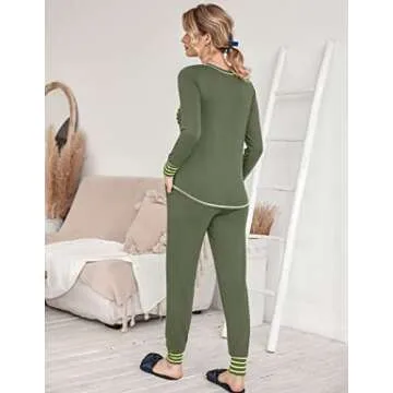 Ekouaer Pajamas Women's Long Sleeve Pj Set Soft 2 Piece Loungewear Sleepwear with Jogger Pants Army Green,L