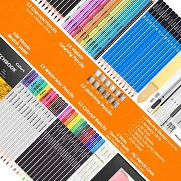 Caliart 176PCS Art Supplies Sketching Kit with 100 Sheets 3-Color Sketch Book, Graphite Colored Charcoal Watercolor & Metallic Pencils, School Supplies Gifts for Artists Adults Teens Girls Boys Kids