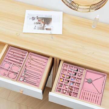 ProCase Stackable Jewelry Organizer Trays for Drawers, Jewelry Drawer Inserts Container Display Case Storage for Earring Necklace Rings Bracelet with Removable Dividers -Dustypink, 4 Layers