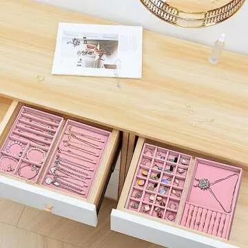 ProCase Stackable Jewelry Organizer Trays for Drawers, Jewelry Drawer Inserts Container Display Case Storage for Earring Necklace Rings Bracelet with Removable Dividers -Dustypink, 4 Layers