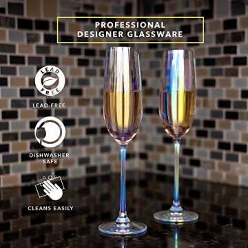 Dragon Glassware Champagne Flutes Glass - 8 oz Iridescent Crystal Champagne Glasses Set of 2 - Mimosa and Cocktail Drinkware - Unique and Fun Barware Gift