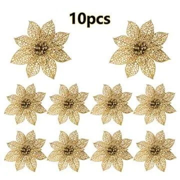 Crazy Night 12Pcs Gold Glitter Poinsettia Artificial Flowers,Christmas Tree Decorations,Wedding Xmas New Year Wreath Ornaments