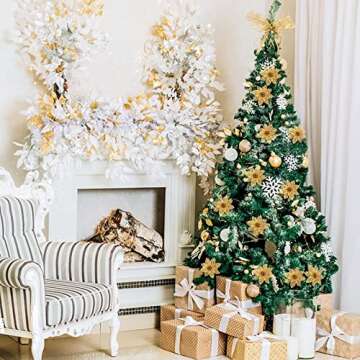 Crazy Night 12Pcs Gold Glitter Poinsettia Artificial Flowers,Christmas Tree Decorations,Wedding Xmas New Year Wreath Ornaments