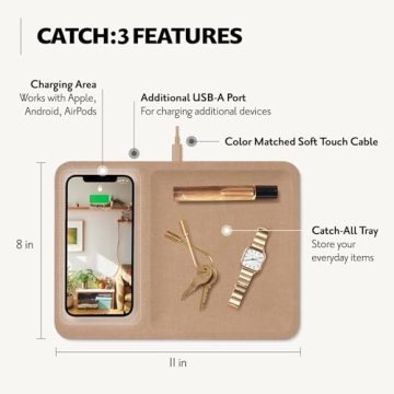 Courant Catch:3 Belgian Linen Wireless Charging Station and Valet Tray (Camel) - Compatible with iPhone 16, 15, 14, 13, 12, 11, X, SE, Galaxy S24, S23, S22, S21, S20, Note, AirPods/Pro