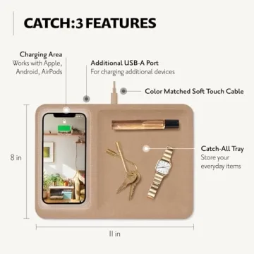 Courant Catch:3 Belgian Linen Wireless Charging Station and Valet Tray (Camel) - Compatible with iPhone 16, 15, 14, 13, 12, 11, X, SE, Galaxy S24, S23, S22, S21, S20, Note, AirPods/Pro