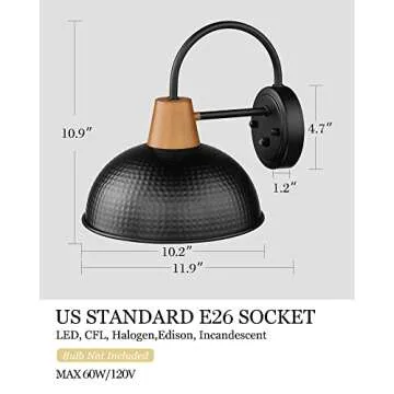 Dusk to Dawn Outdoor Lighting, HWH Modern Porch Lights Outdoor Wall, Exterior Gooseneck Barn Wall Sconce with Hammered Metal Shade, Black Finish, 5HZG70B-PC BK