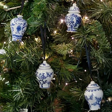 Bandwagon Mini Ginger Jar Ornaments - Set of 4 Porcelain Hanging Chinoiserie Vase Vintage Christmas Decorations, Blue/White