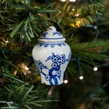 Bandwagon Mini Ginger Jar Ornaments - Set of 4 Porcelain Hanging Chinoiserie Vase Vintage Christmas Decorations, Blue/White