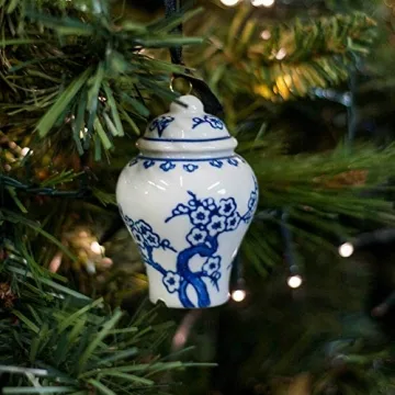 Bandwagon Mini Ginger Jar Ornaments - Set of 4 Porcelain Hanging Chinoiserie Vase Vintage Christmas Decorations, Blue/White