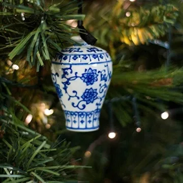Bandwagon Mini Ginger Jar Ornaments - Set of 4 Porcelain Hanging Chinoiserie Vase Vintage Christmas Decorations, Blue/White