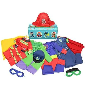 Teuevayl Boys Muscle Chest Dress up Costumes Trunk with Superhero, Policeman, Fireman Costume, Kids Pretend Role Play Costumes Set, Boys Dress up Clothes for Kids Ages 3 4 5 6 7