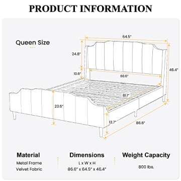 SHA CERLIN Wood Queen Size Bed Frame with Modern Curved Velvet Wingback Headboard/Heavy Duty Platfor...