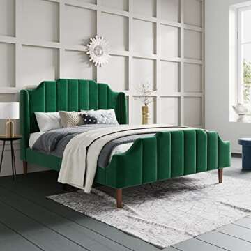 SHA CERLIN Wood Queen Size Bed Frame with Modern Curved Velvet Wingback Headboard/Heavy Duty Platform Bed with Strong Wood Slat Support/Green