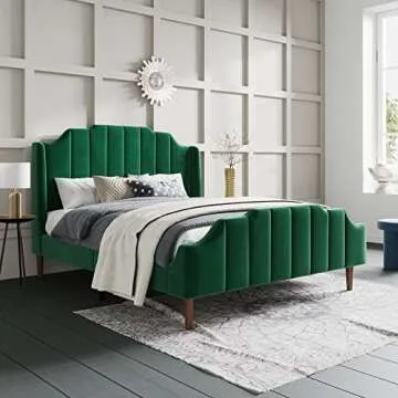 SHA CERLIN Wood Queen Size Bed Frame with Modern Curved Velvet Wingback Headboard/Heavy Duty Platform Bed with Strong Wood Slat Support/Green