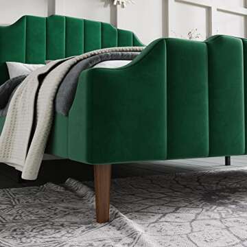 SHA CERLIN Wood Queen Size Bed Frame with Modern Curved Velvet Wingback Headboard/Heavy Duty Platform Bed with Strong Wood Slat Support/Green