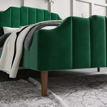 SHA CERLIN Wood Queen Size Bed Frame with Modern Curved Velvet Wingback Headboard/Heavy Duty Platform Bed with Strong Wood Slat Support/Green