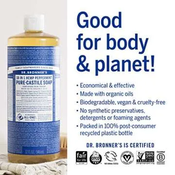 Dr. Bronner's - Pure-Castile Liquid Soap (Peppermint, 32 ounce) - Made with Organic Oils, 18-in-1 Uses: Face, Body, Hair, Laundry, Pets and Dishes, Concentrated, Vegan, Non-GMO