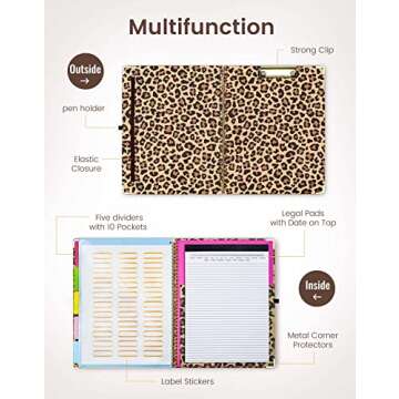 Mymazn Clipboard with Storage, Clipboards Folio with Refillable 11"x8.5" Legal Pads,5 Extra Folders with Storage 10 Pockets for Documents, Portfolio Binder with Pen Holder for Men Women (Leopard)