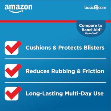 Amazon Basic Care Extreme Hydrocolloid Gel Blister Cushion Bandages for Heels, 2X Faster Healing, Protection & Pain Relief against Burns, Rubbing & Friction, 10 Count (1.65 in x 2.67 inches)