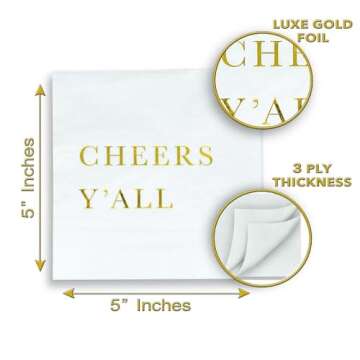 Cheers Y'all Wedding Cocktail Napkins - Gold Engagement Party Decorations for Bridal Shower, Recepti...