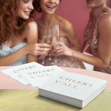 Cheers Y'all Wedding Cocktail Napkins - Gold Engagement Party Decorations for Bridal Shower, Reception, Birthday, Anniversary, Graduation, 3-Ply