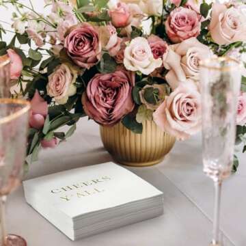 Cheers Y'all Wedding Cocktail Napkins - Gold Engagement Party Decorations for Bridal Shower, Reception, Birthday, Anniversary, Graduation, 3-Ply