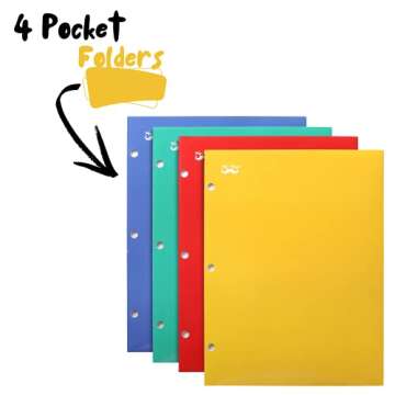 Mr. Pen- Pocket Folders, 4 Pocket, 4 Pack, Vibrant Colors, Folders with Pockets 3 Hole Punched, Fold...