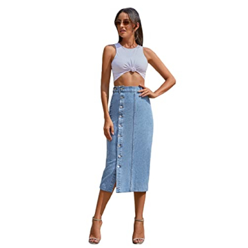 SweatyRocks Women's High Rise Button Front Jean Skirt with Stylish Split Hem
