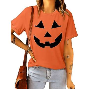 Halloween Pumpkin Face Graphic T-Shirt Womens Short Sleeve O-Neck Casual Tops Tees Shirt (Orange Red...