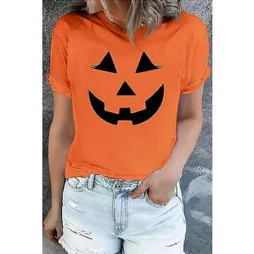 Halloween Pumpkin Face Graphic T-Shirt for Women
