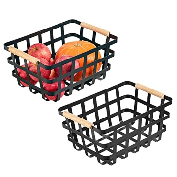 Elegant Black Farmhouse Baskets with Wooden Handles - Pantry Organizer