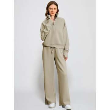 Casly Lamiit Women 2 Piece Outfits 2025 Fall Lounge Set Half Zip Sweatshirt Wide Leg Sweatpant Matching Set Athletic Tracksuit Fashion Winter Travel Clothing Set Sweatsuit Light Khaki L