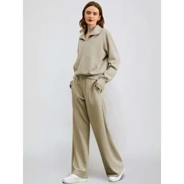 Casly Lamiit Women 2 Piece Outfits 2025 Fall Lounge Set Half Zip Sweatshirt Wide Leg Sweatpant Matching Set Athletic Tracksuit Fashion Winter Travel Clothing Set Sweatsuit Light Khaki L