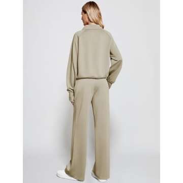 Casly Lamiit Women 2 Piece Outfits 2025 Fall Lounge Set Half Zip Sweatshirt Wide Leg Sweatpant Matching Set Athletic Tracksuit Fashion Winter Travel Clothing Set Sweatsuit Light Khaki L