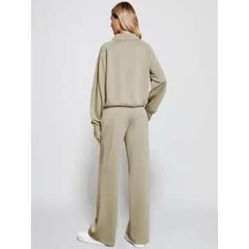 Casly Lamiit Women 2 Piece Outfits 2025 Fall Lounge Set Half Zip Sweatshirt Wide Leg Sweatpant Matching Set Athletic Tracksuit Fashion Winter Travel Clothing Set Sweatsuit Light Khaki L