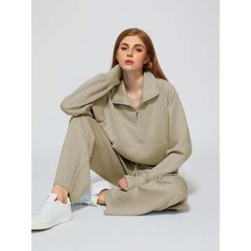 Casly Lamiit Women 2 Piece Outfits 2025 Fall Lounge Set Half Zip Sweatshirt Wide Leg Sweatpant Matching Set Athletic Tracksuit Fashion Winter Travel Clothing Set Sweatsuit Light Khaki L