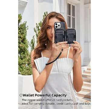 ZVE for iPhone 12 Pro Max Wallet Case, Zipper Case with RFID Blocking Card Holder Slot Wrist Strap Handbag Protective Leather Cover for Women iPhone 12 Pro Max, 6.7" - Black