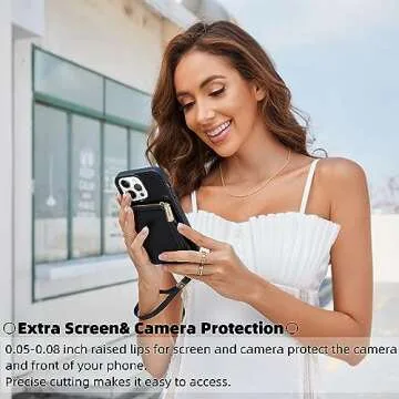 ZVE for iPhone 12 Pro Max Wallet Case, Zipper Case with RFID Blocking Card Holder Slot Wrist Strap Handbag Protective Leather Cover for Women iPhone 12 Pro Max, 6.7" - Black