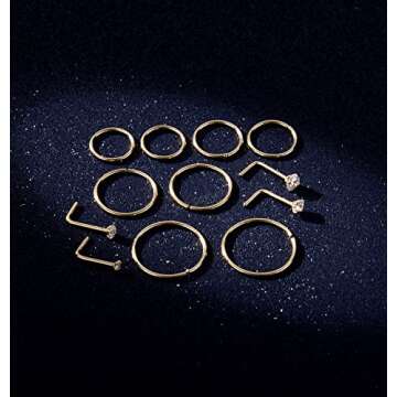 Masedy Nose Rings 12Pcs 20G 316L Stainless Steel L Shaped Nose Studs Cartilage Tragus Septum Piercing Gold