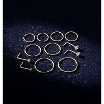 Masedy Nose Rings 12Pcs 20G 316L Stainless Steel L Shaped Nose Studs Cartilage Tragus Septum Piercing Gold