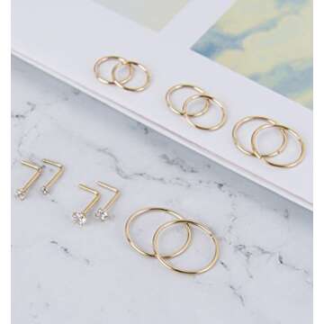 Masedy Nose Rings 12Pcs 20G 316L Stainless Steel L Shaped Nose Studs Cartilage Tragus Septum Piercing Gold