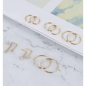 Masedy Nose Rings 12Pcs 20G 316L Stainless Steel L Shaped Nose Studs Cartilage Tragus Septum Piercing Gold