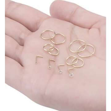 Masedy Nose Rings 12Pcs 20G 316L Stainless Steel L Shaped Nose Studs Cartilage Tragus Septum Piercing Gold