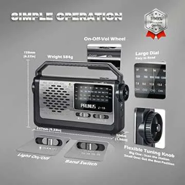 NOAA Weather AM FM Portable Radio with Best Reception,Flashlight, Earphone Jack,Battery Operated Radio by 3X D Cell Batteries or AC Power for ICE Storms Emergency Use,Plug in Wall by PRUNUS J15WB
