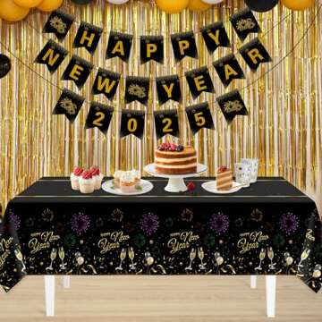 Elegant 2 Pack New Year Tablecloths - Black and Gold Disposable Design for 2025 NYE Party