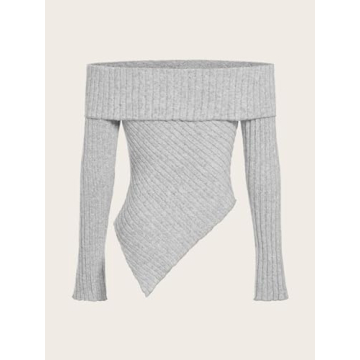 MakeMeChic Women Off Shoulder Ribbed Tee Light Grey