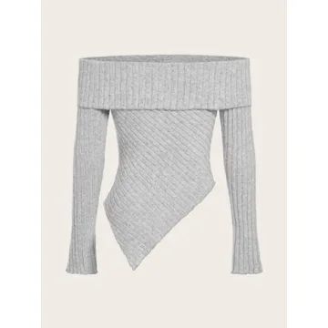 MakeMeChic Women Off Shoulder Ribbed Tee Light Grey